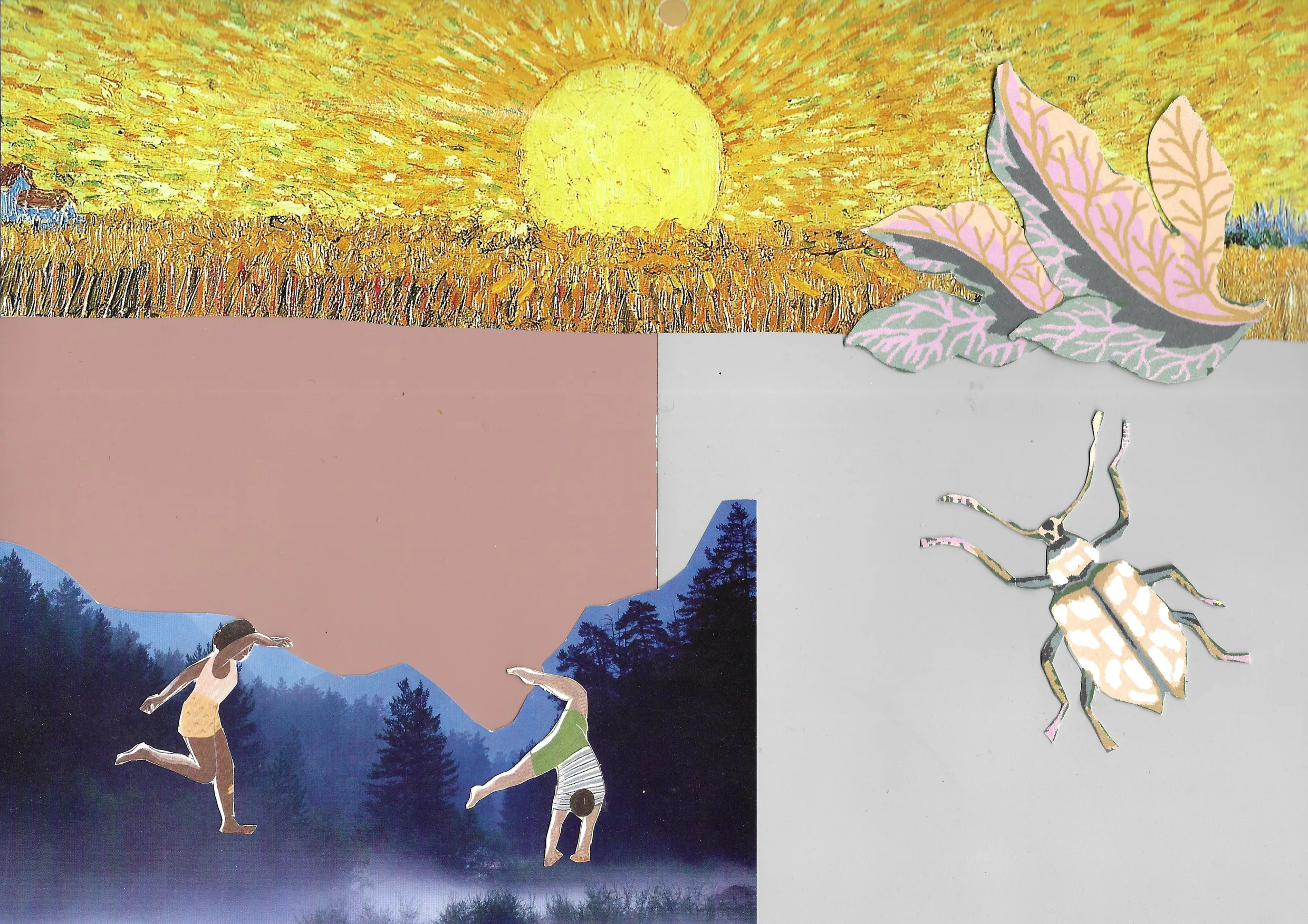 Eine Collage mit Illustrationen von turnenden Menschen und einem Käfer, hinter denen die Sonne aufgeht